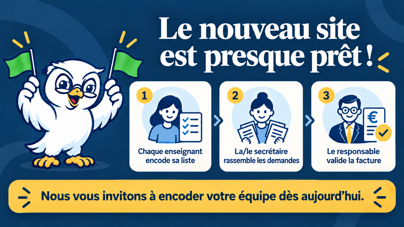 Le nouveau site est presque prêt ! Chaque enseignant encode sa liste, le secrétariat rassemble les demandes, le responsable valide la facture. Nous vous invitons à encoder votre équipe dès aujourd’hui.